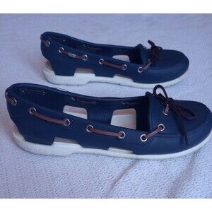 Crocs Women's 8W Blue/White Beach Line Hybrid Slip On Boat Shoes